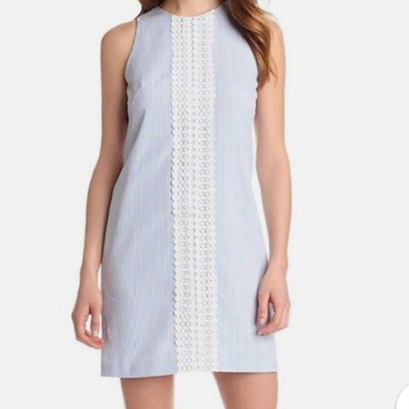London Times Seersucker Blue Sleeveless Shift Dress Size 10 - Picture 1 of 12